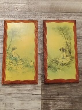 Vtg Andres Orpinas Pair Framed Pastoral Prints in Yellow and Brown